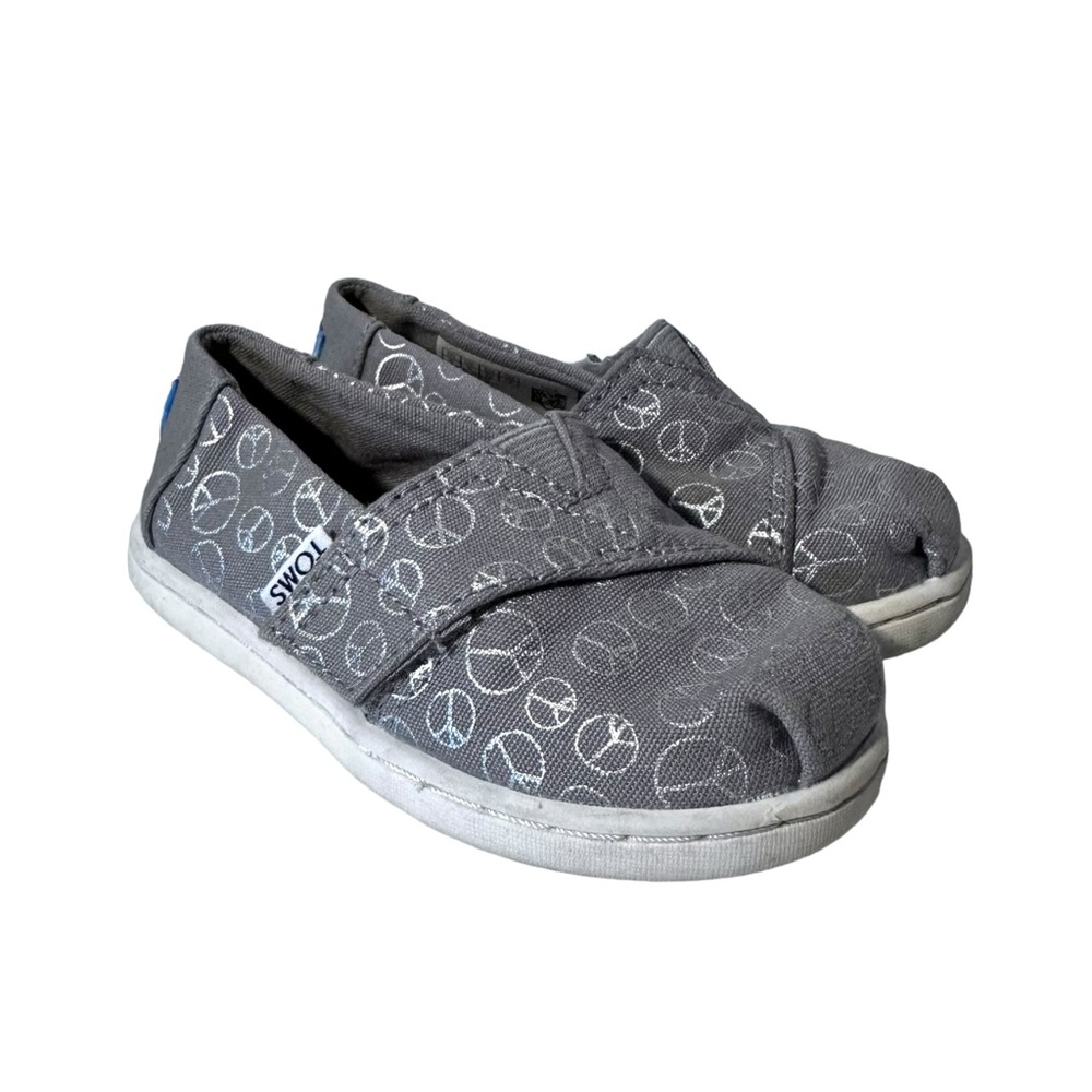Toms Toddler Unisex Sz 6 Gray Metallic Peace Sign Slip Canvas On Shoes